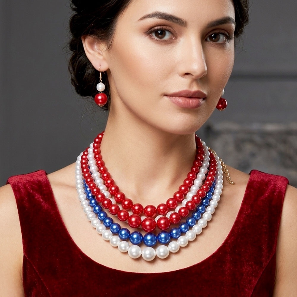 Red, White, Blue Multicolor Beaded Statement Necklace